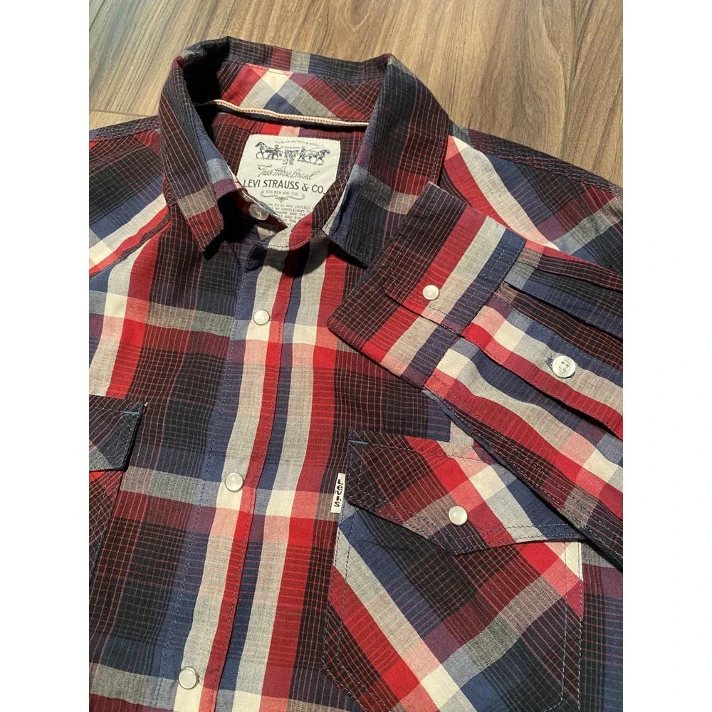 Levis Western Shirt Men M Red Blue White Plaid Snap Front Two Horse Brand Cowboy